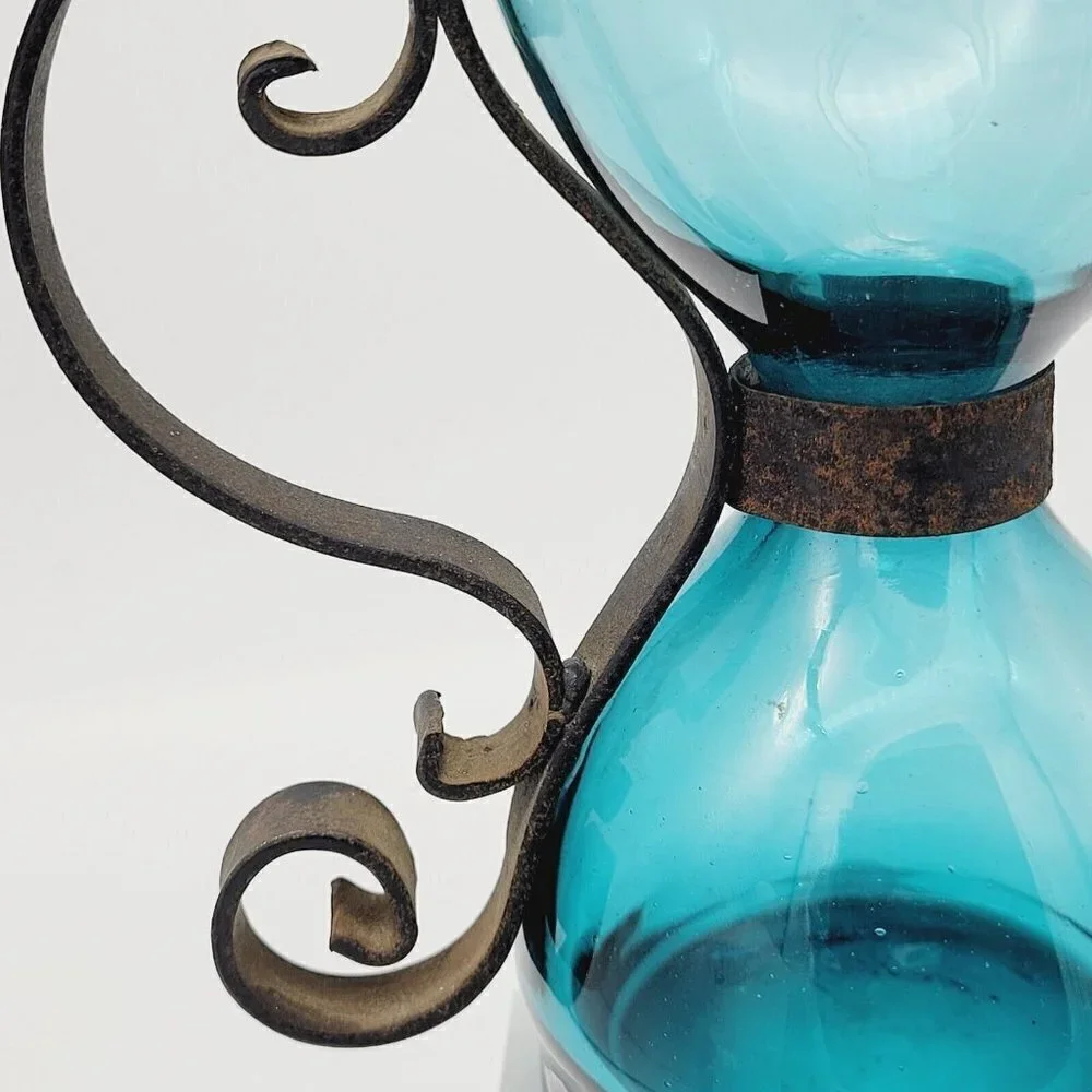 Vintage Aqua Blue Hourglass Shape Taper Candle Holder Wrought Iron Handle
